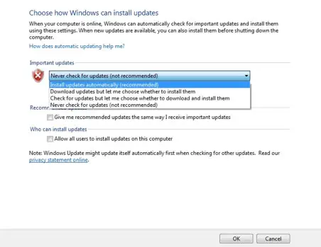 Windows Update settings screen